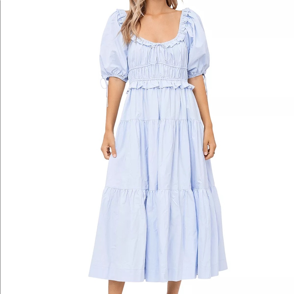 En Saison Poplin Puff-Sleeve Tiered Midi Dress